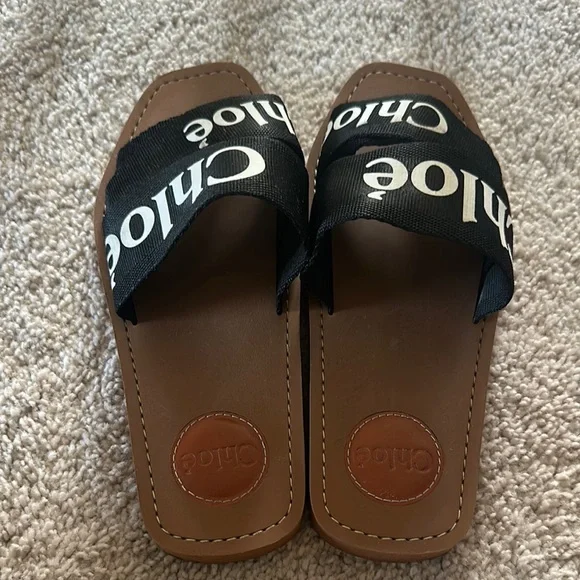 Chloe Black and Tan Slide Sandals - Picture 2 of 8